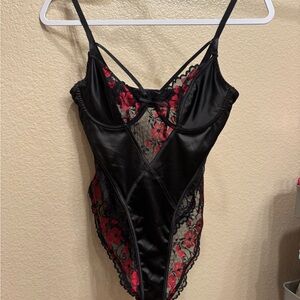 Black and Red Floral Lace Bodysuit